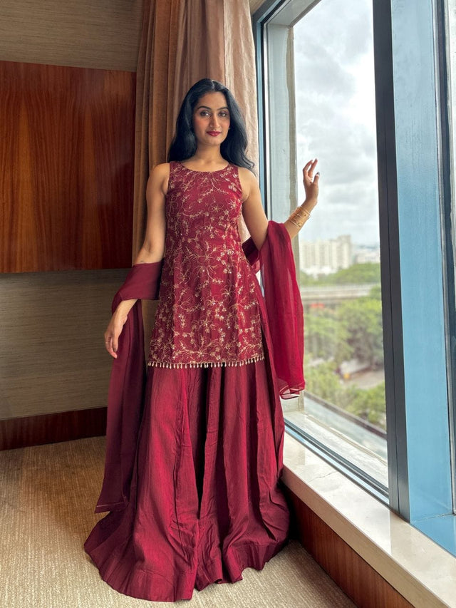 Maroon Embroidered Kurta Sharara Set with Dupatta for Women.