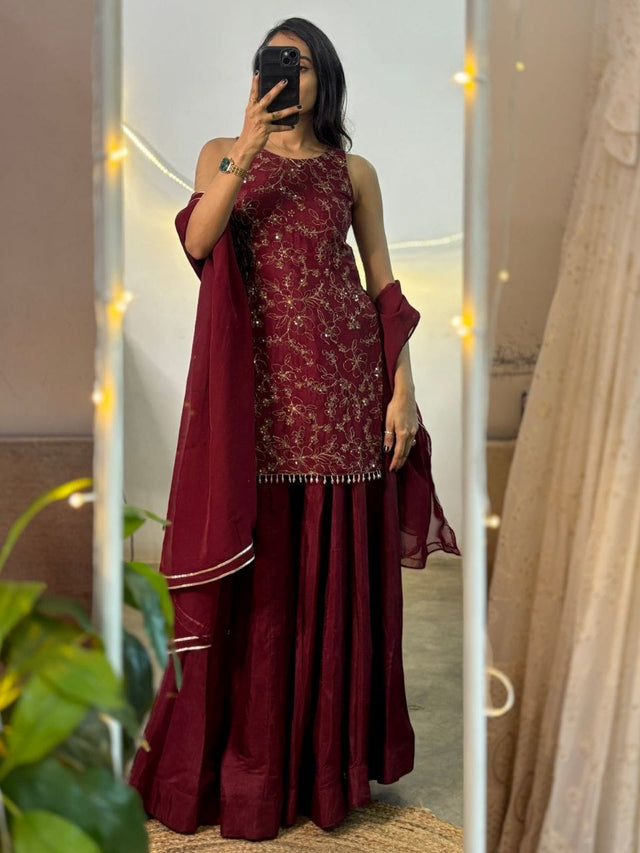 Maroon Embroidered Kurta Sharara Set with Dupatta for Women.