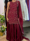 Maroon Embroidered Kurta Sharara Set with Dupatta for Women.
