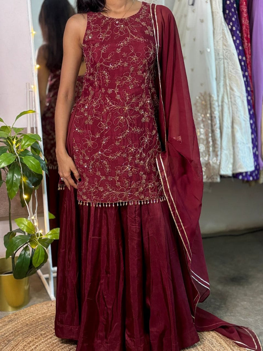 Maroon Embroidered Kurta Sharara Set with Dupatta for Women.