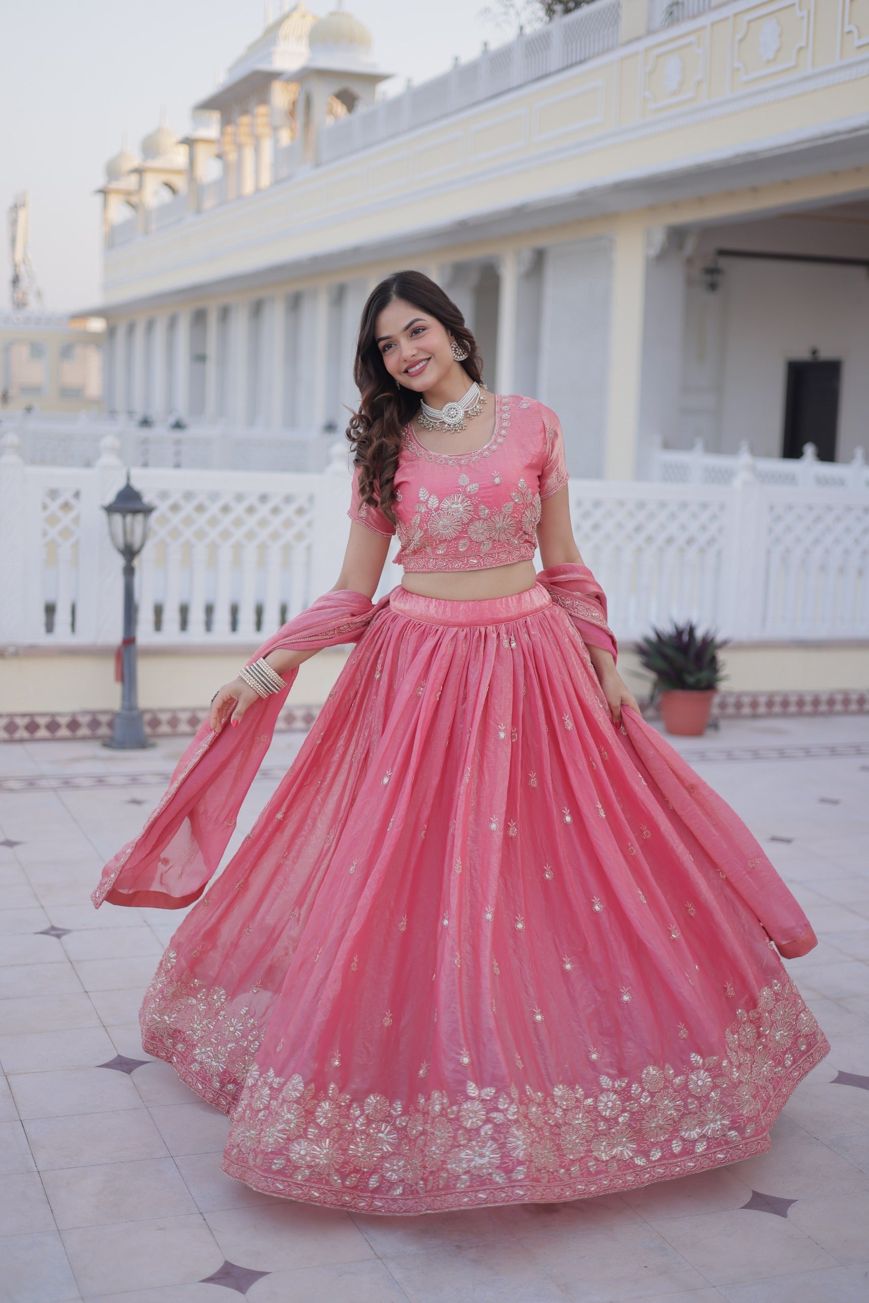 Pink Embroidered Lehenga Choli Set with Dupatta for Women.
