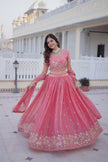 Pink Embroidered Lehenga Choli Set with Dupatta for Women.