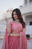 Pink Embroidered Lehenga Choli Set with Dupatta for Women.