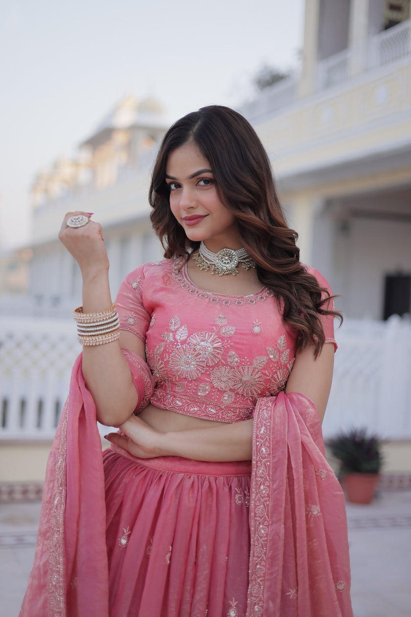 Pink Embroidered Lehenga Choli Set with Dupatta for Women.
