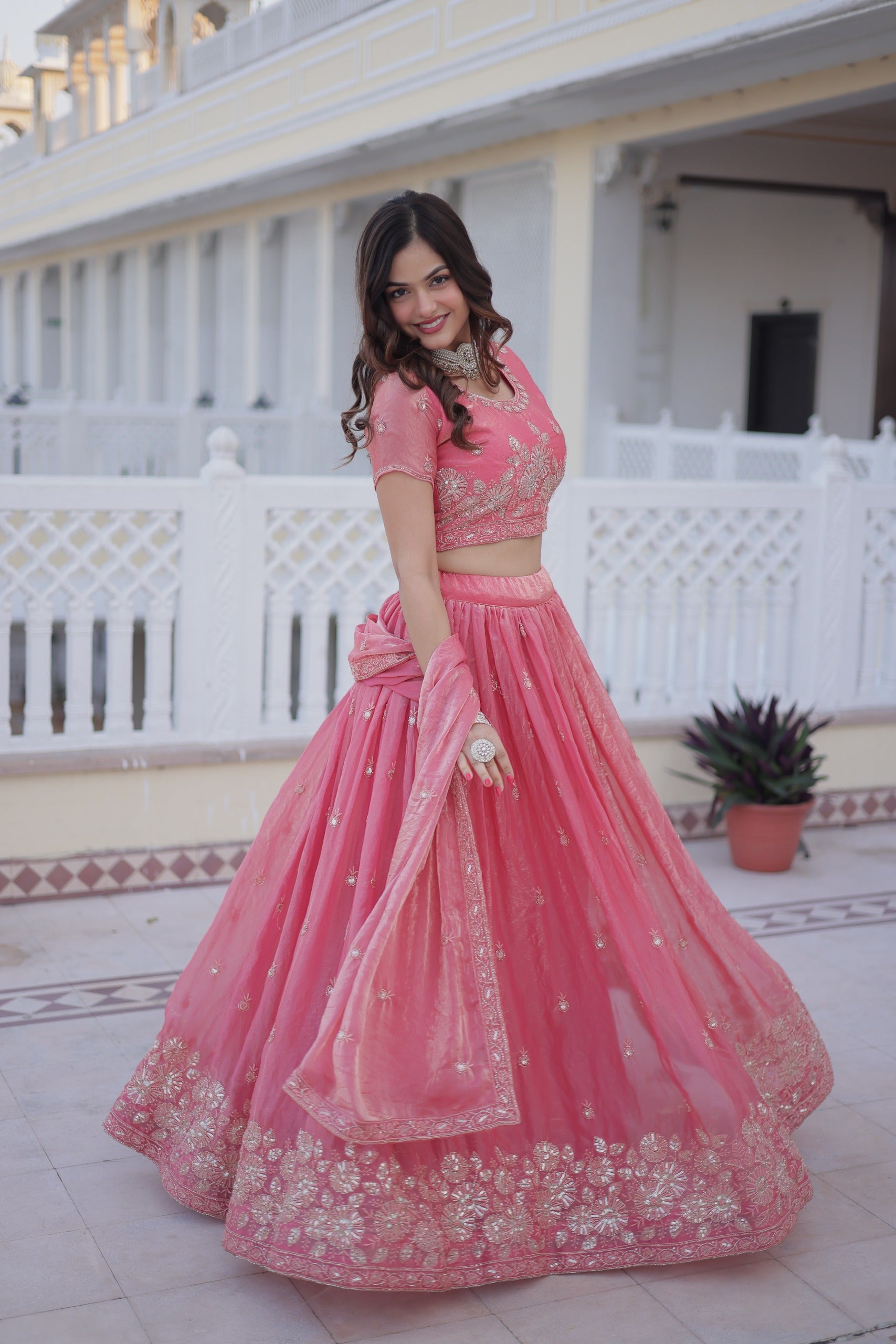 Pink Embroidered Lehenga Choli Set with Dupatta for Women.