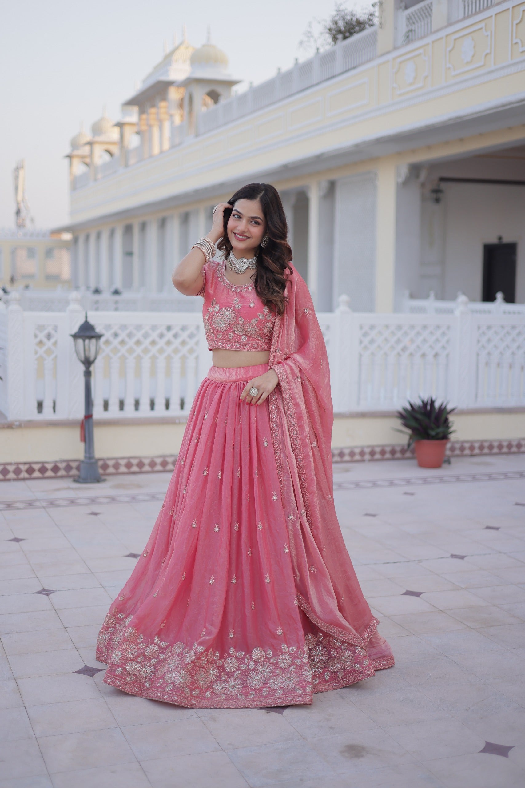 Pink Embroidered Lehenga Choli Set with Dupatta for Women.