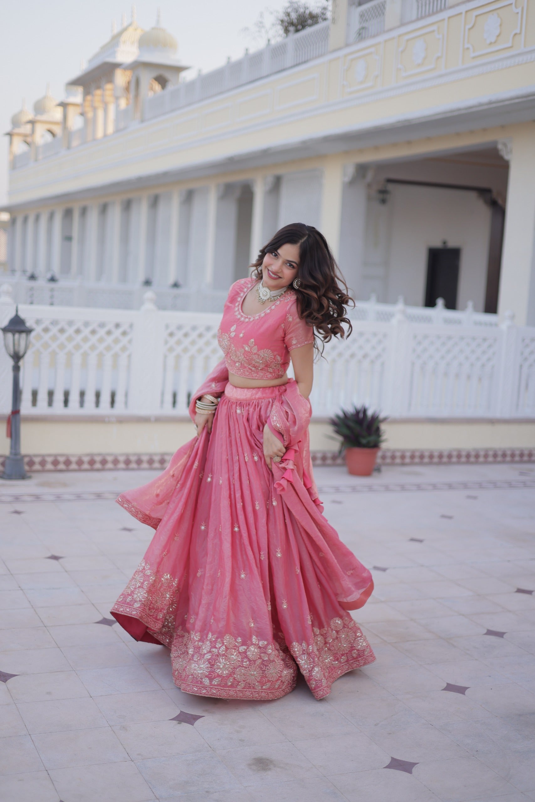 Pink Embroidered Lehenga Choli Set with Dupatta for Women.