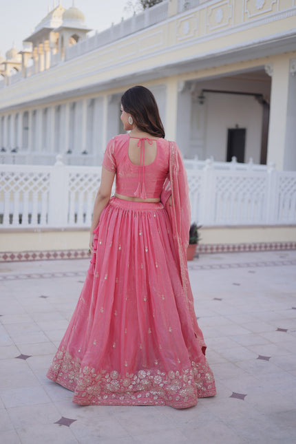 Pink Embroidered Lehenga Choli Set with Dupatta for Women.