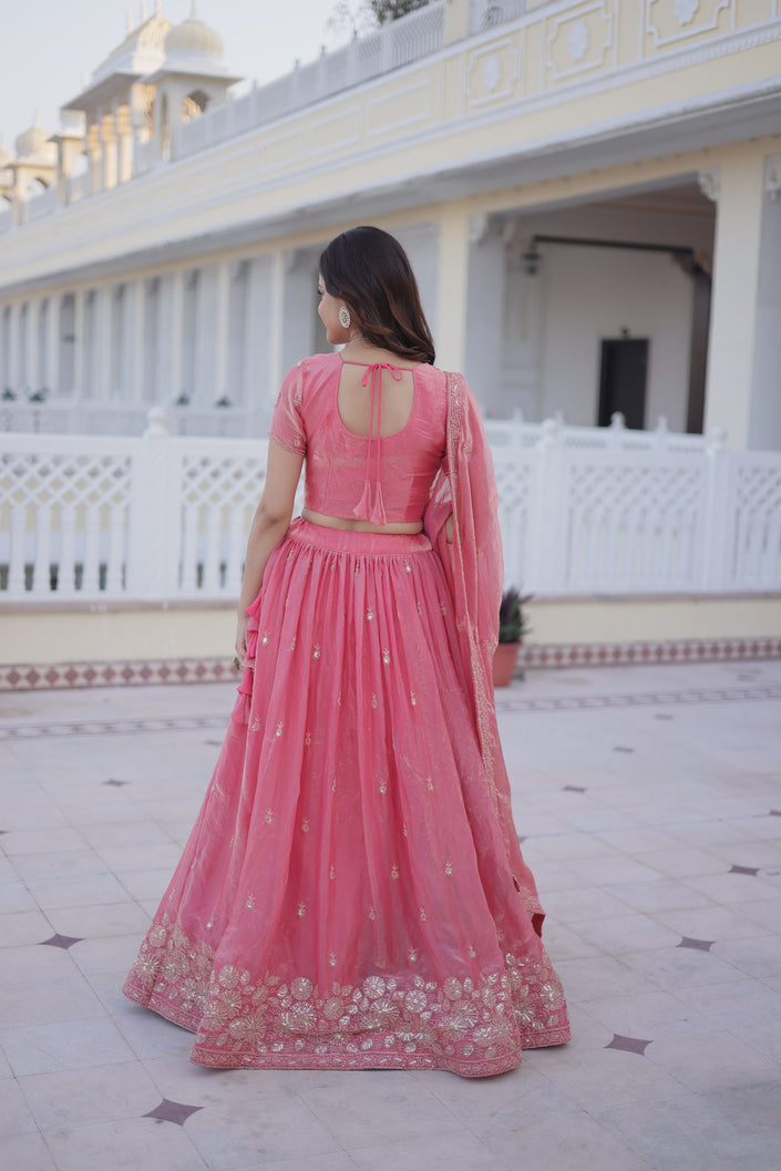 Pink Embroidered Lehenga Choli Set with Dupatta for Women.