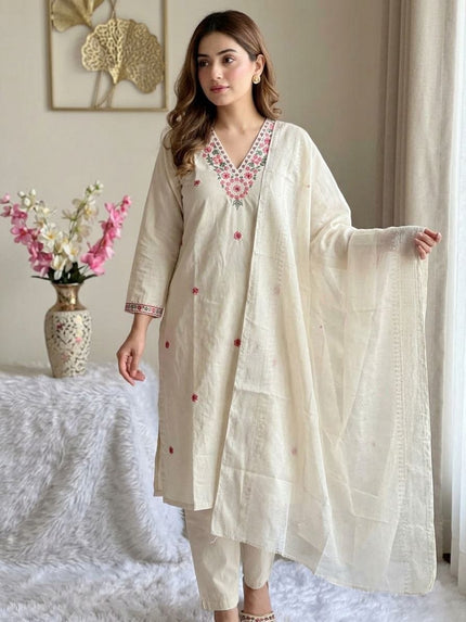Off White Embroidered Kurta Set with Dupatta for Women.