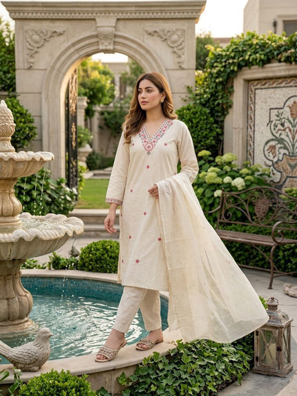 Off White Embroidered Kurta Set with Dupatta for Women.