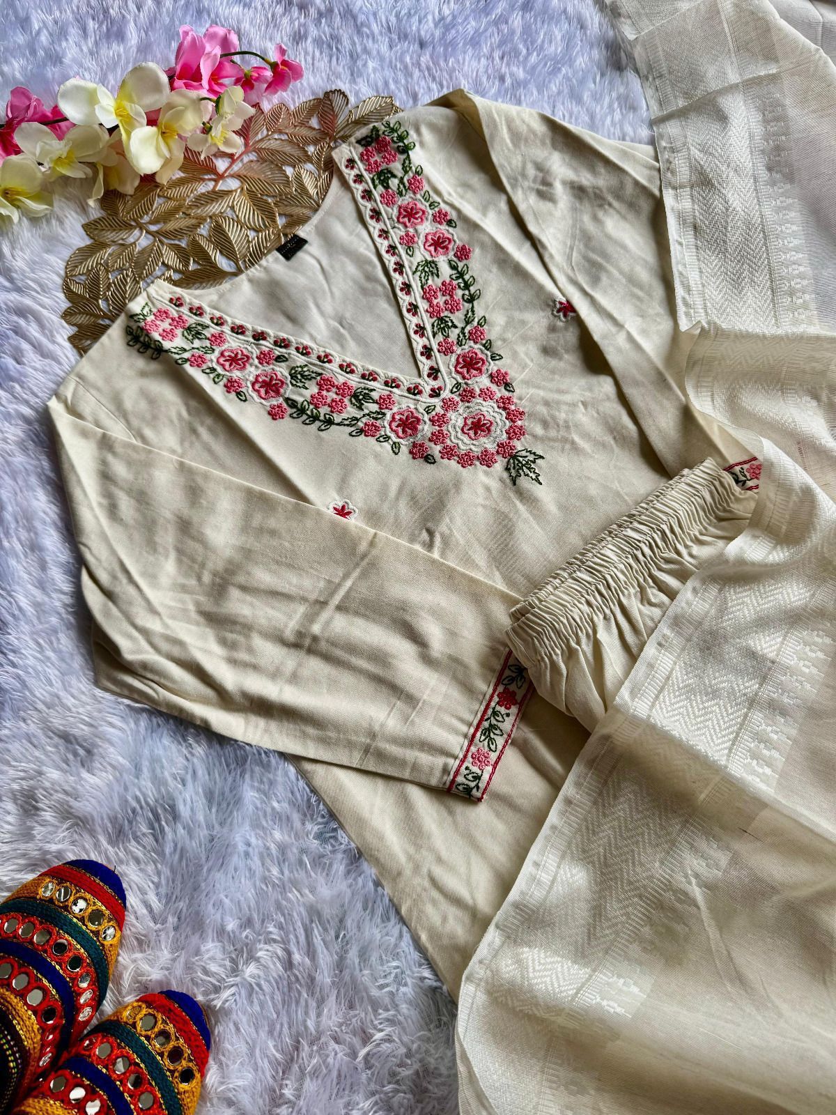 Off White Embroidered Kurta Set with Dupatta for Women.