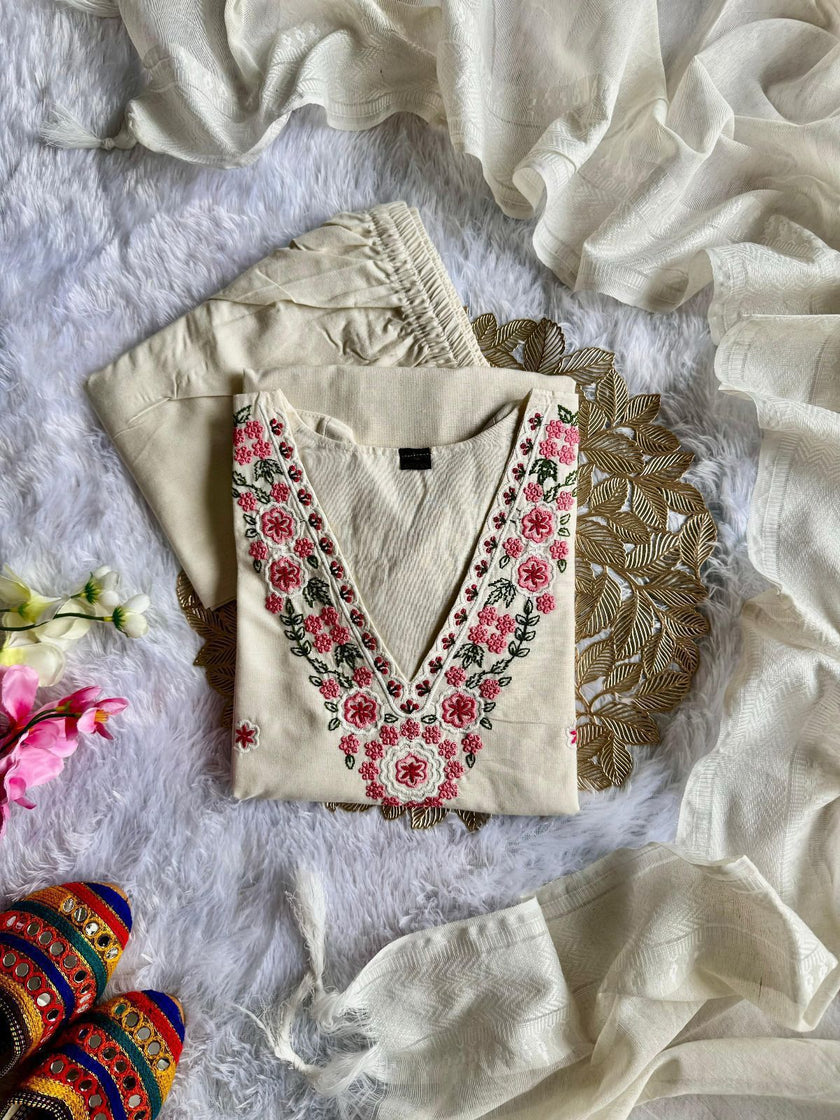 Off White Embroidered Kurta Set with Dupatta for Women.
