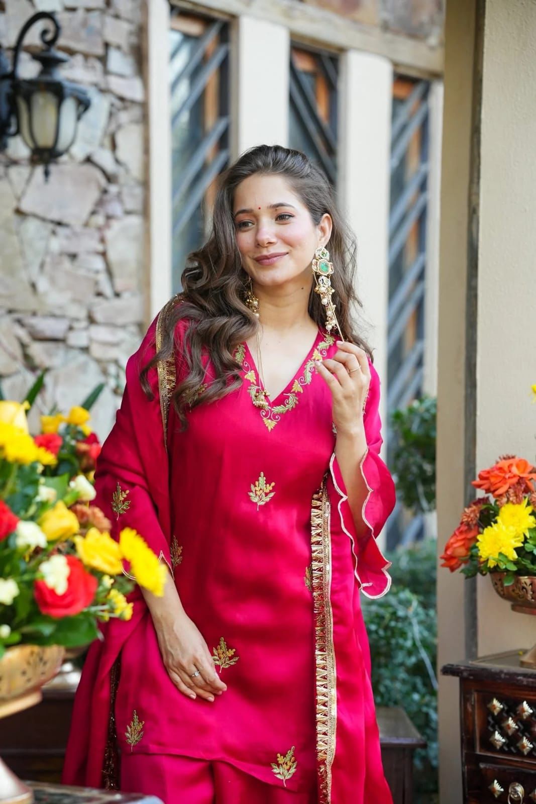 Royal Pink Traditional Outfit with Gold Embroidery.