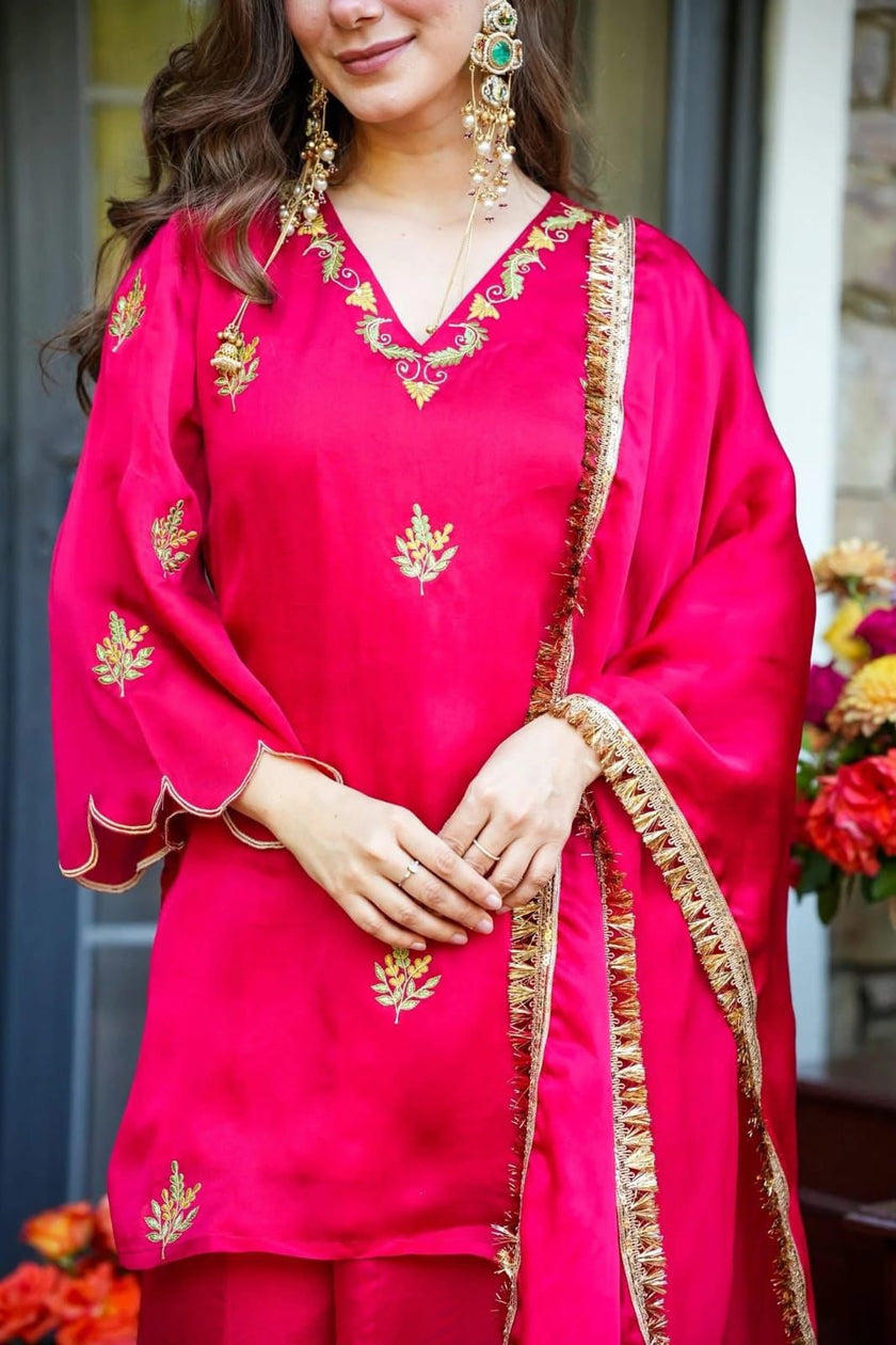 Royal Pink Traditional Outfit with Gold Embroidery.