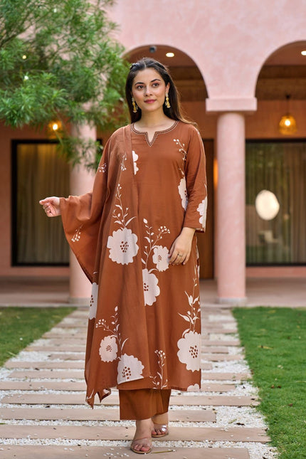 Earthy Brown Floral Printed Ethnic Set with Elegant Dupatta.