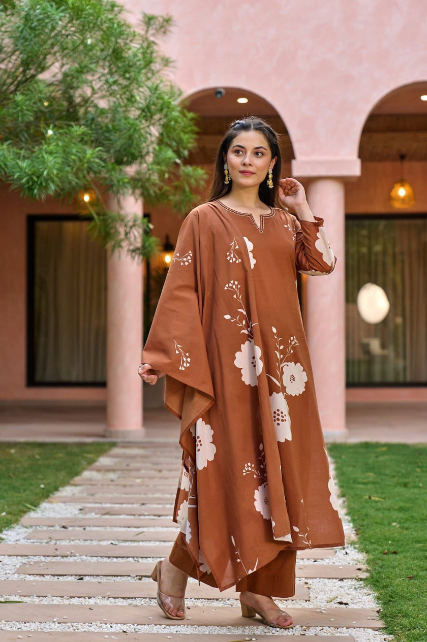 Earthy Brown Floral Printed Ethnic Set with Elegant Dupatta.