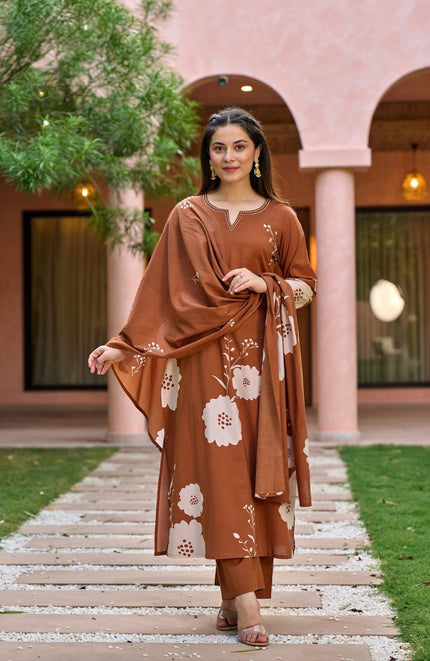 Earthy Brown Floral Printed Ethnic Set with Elegant Dupatta.