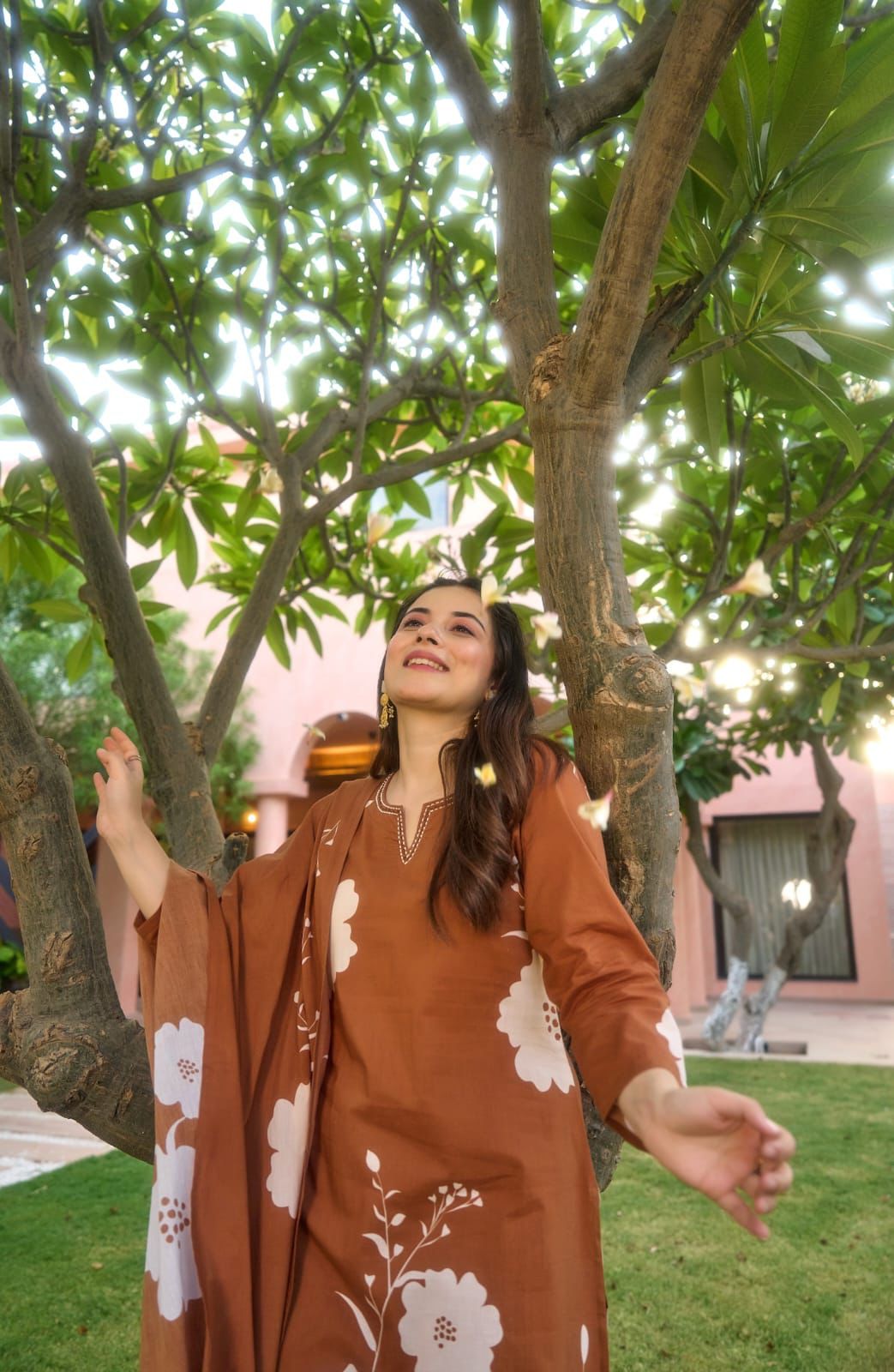 Earthy Brown Floral Printed Ethnic Set with Elegant Dupatta.