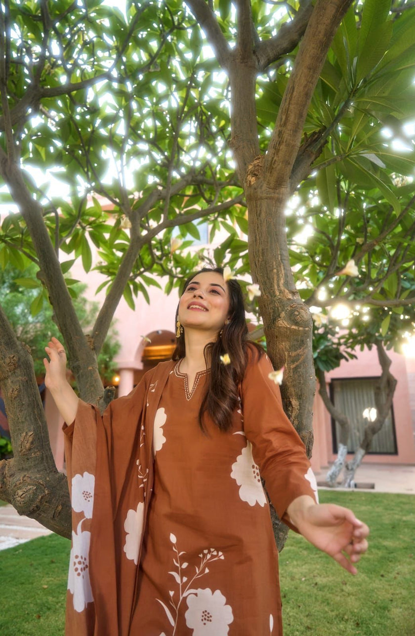 Earthy Brown Floral Printed Ethnic Set with Elegant Dupatta.