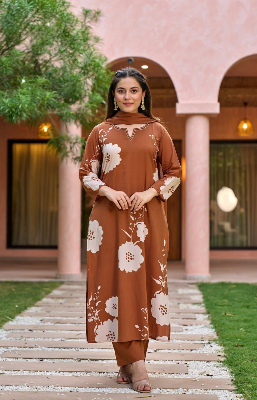 Earthy Brown Floral Printed Ethnic Set with Elegant Dupatta.