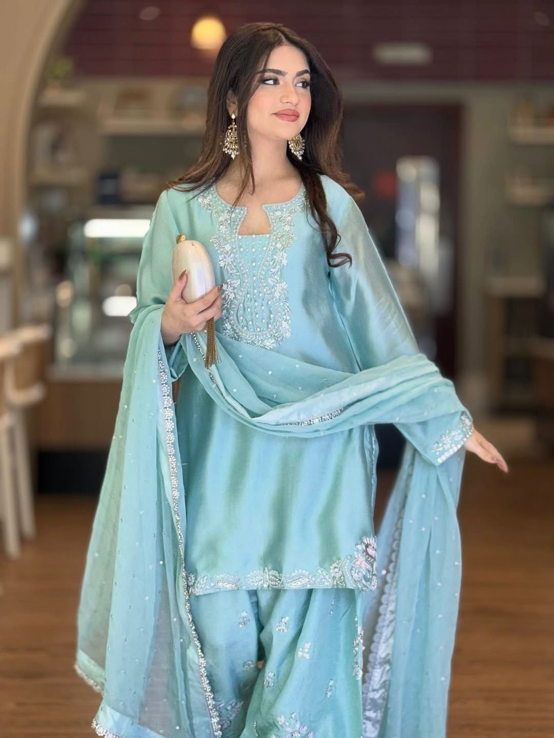 Launching New Đěsigner Party Wear Look Pur Glass Satin Top & Farshi Palazzo With Dupatta set