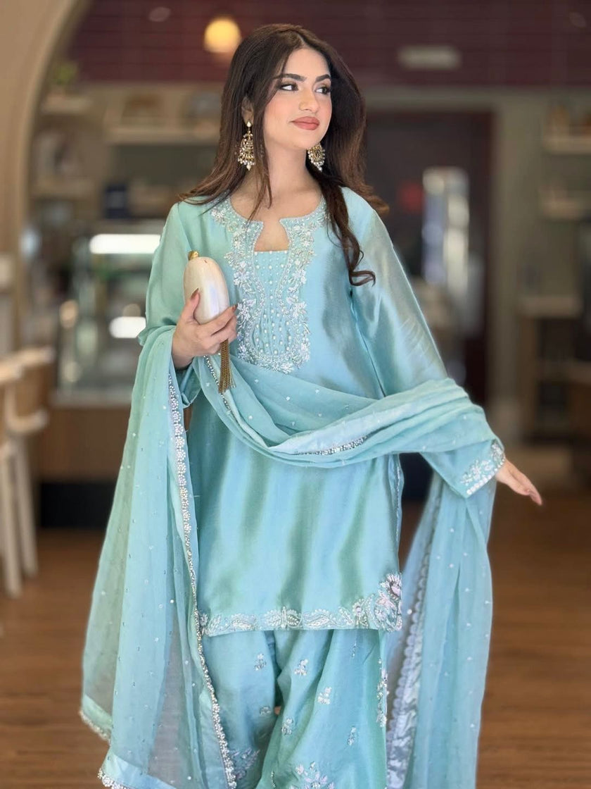 Launching New Đěsigner Party Wear Look Pur Glass Satin Top & Farshi Palazzo With Dupatta set