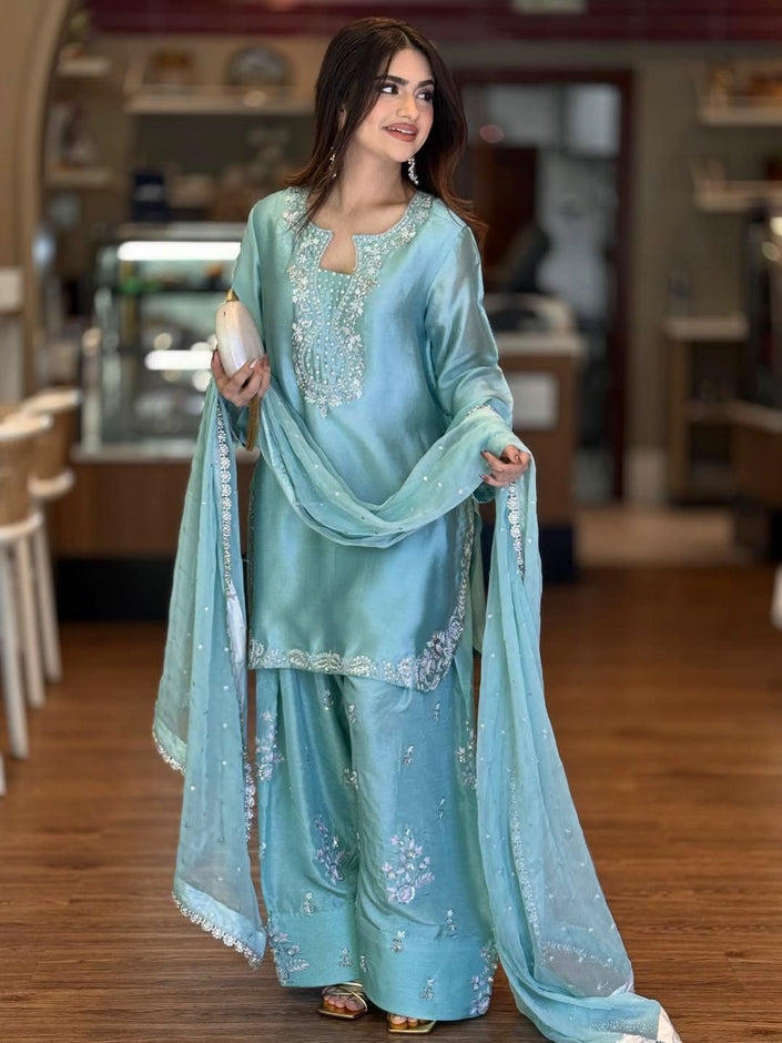 Launching New Đěsigner Party Wear Look Pur Glass Satin Top & Farshi Palazzo With Dupatta set