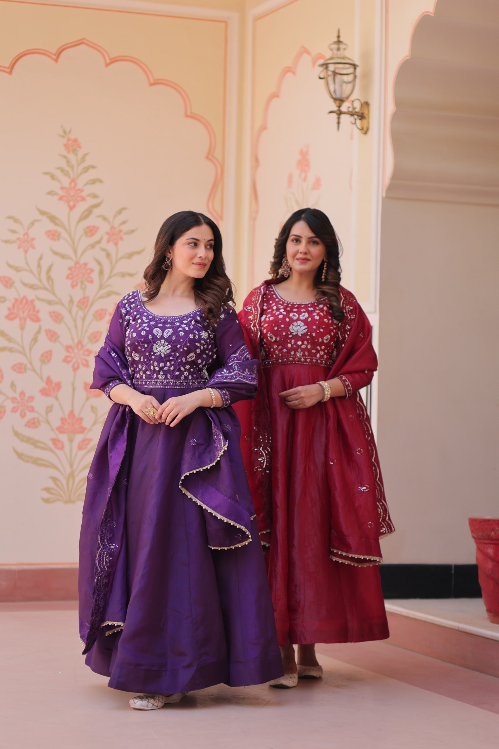 Festive Ethnic Anarkali Set – Purple & Maroon Embroidered Gowns.