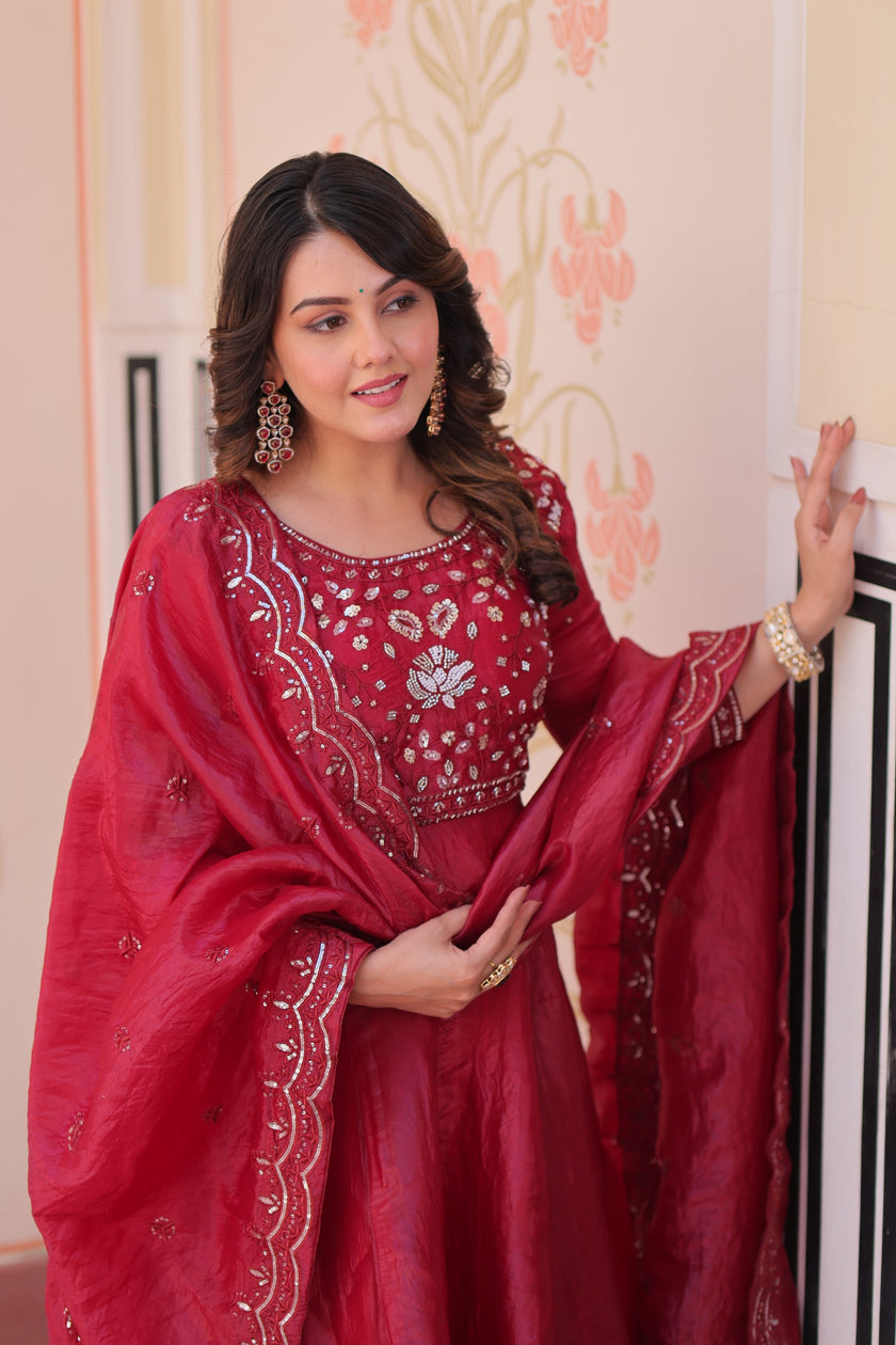 Festive Ethnic Anarkali Set – Purple & Maroon Embroidered Gowns.