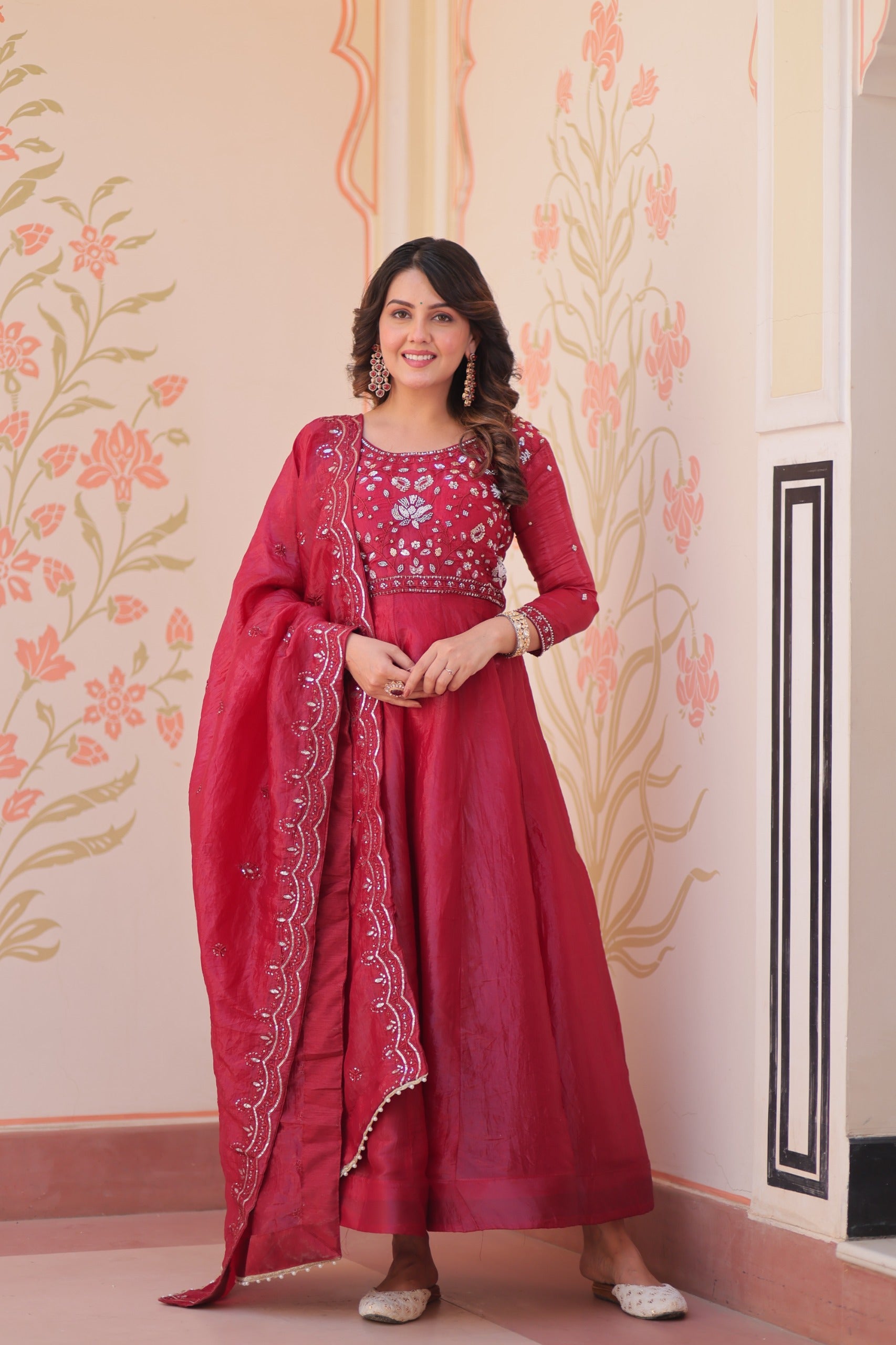 Festive Ethnic Anarkali Set – Purple & Maroon Embroidered Gowns.