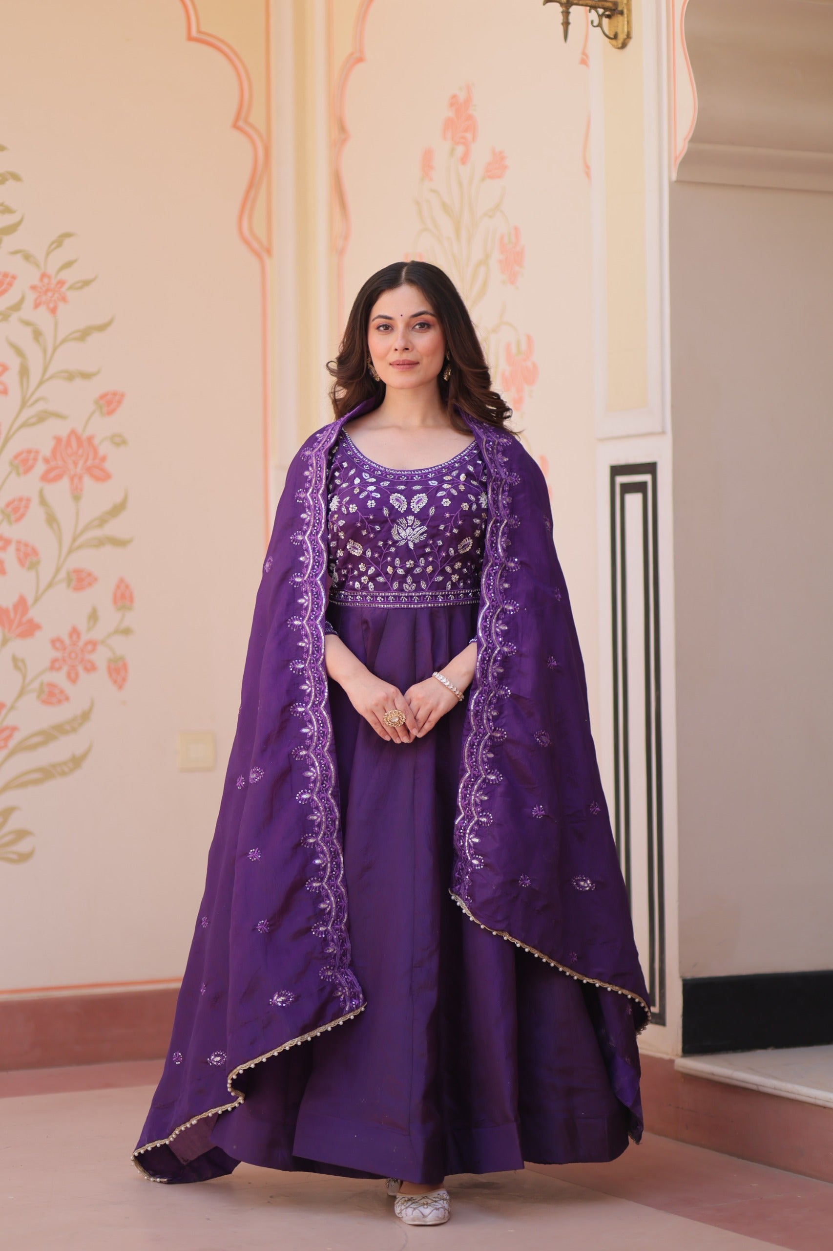 Festive Ethnic Anarkali Set – Purple & Maroon Embroidered Gowns.