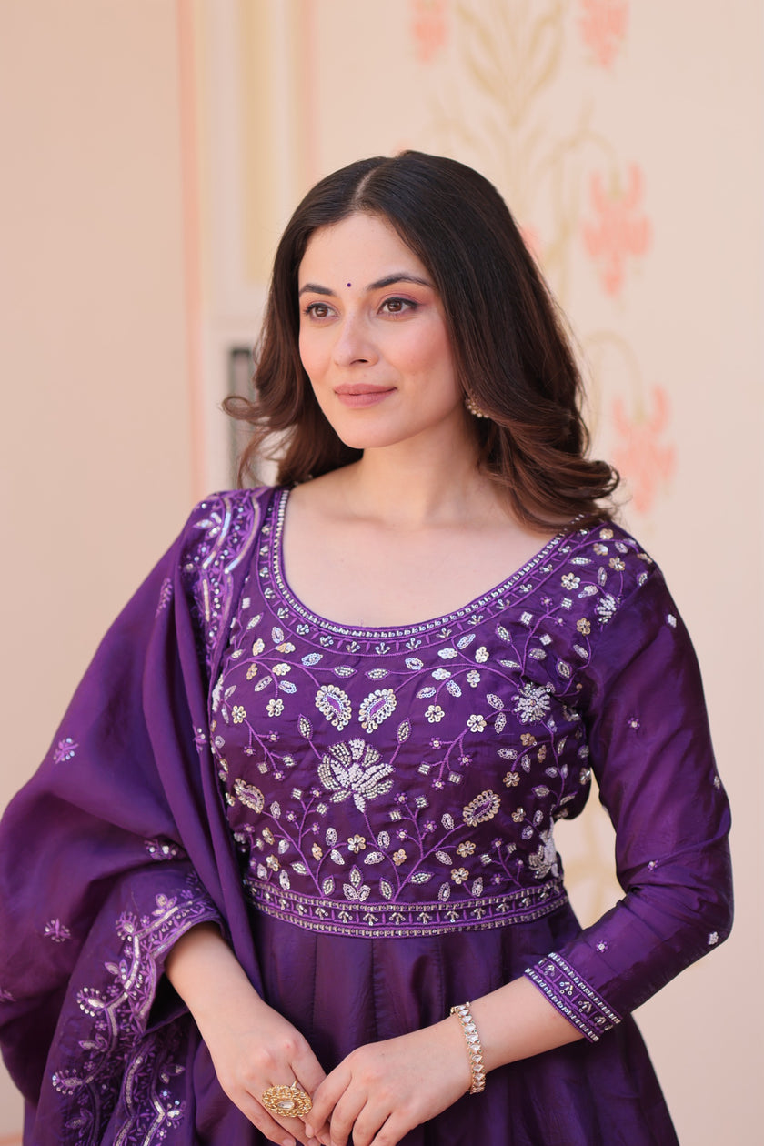 Festive Ethnic Anarkali Set – Purple & Maroon Embroidered Gowns.