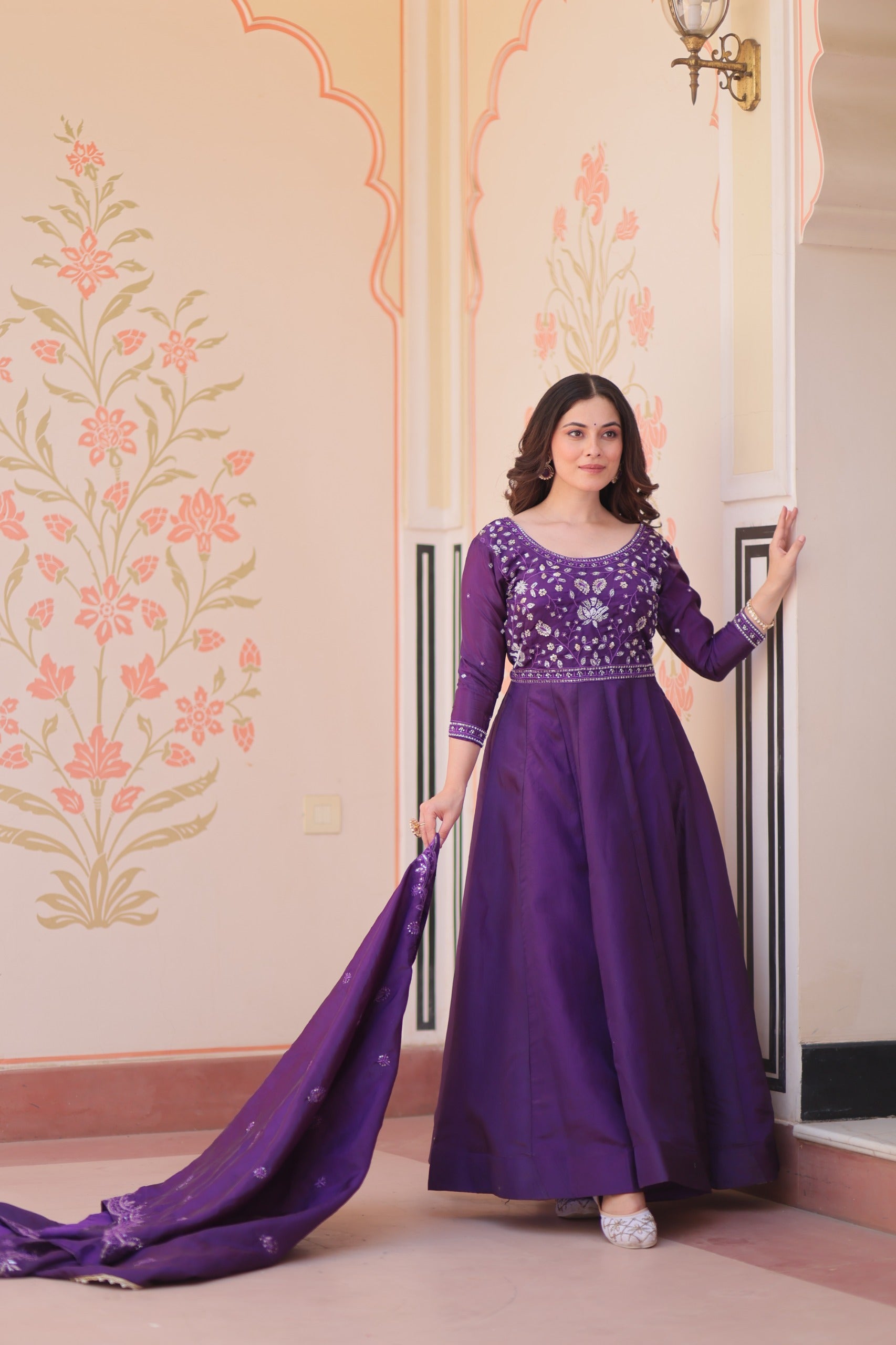 Festive Ethnic Anarkali Set – Purple & Maroon Embroidered Gowns.