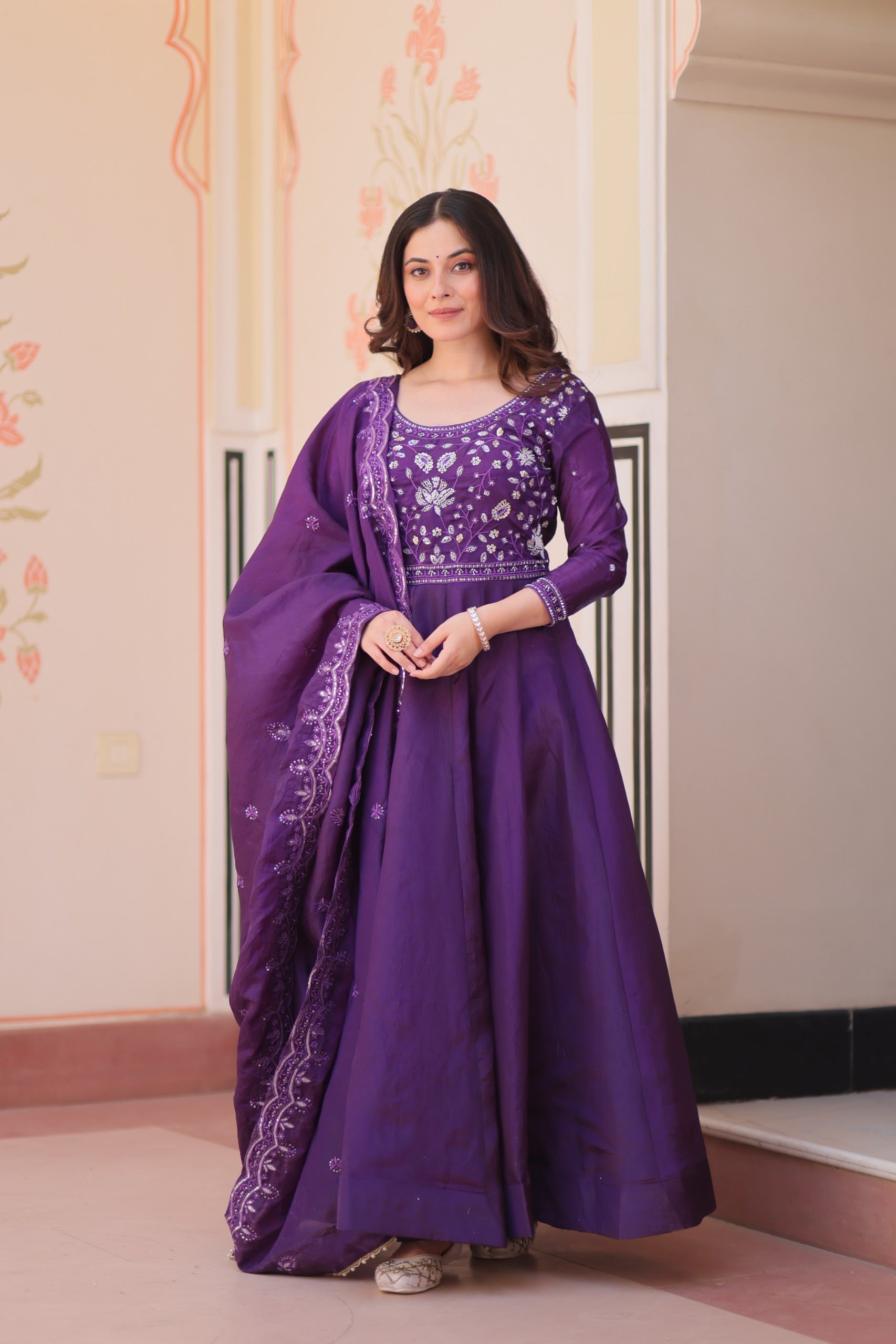Festive Ethnic Anarkali Set – Purple & Maroon Embroidered Gowns.