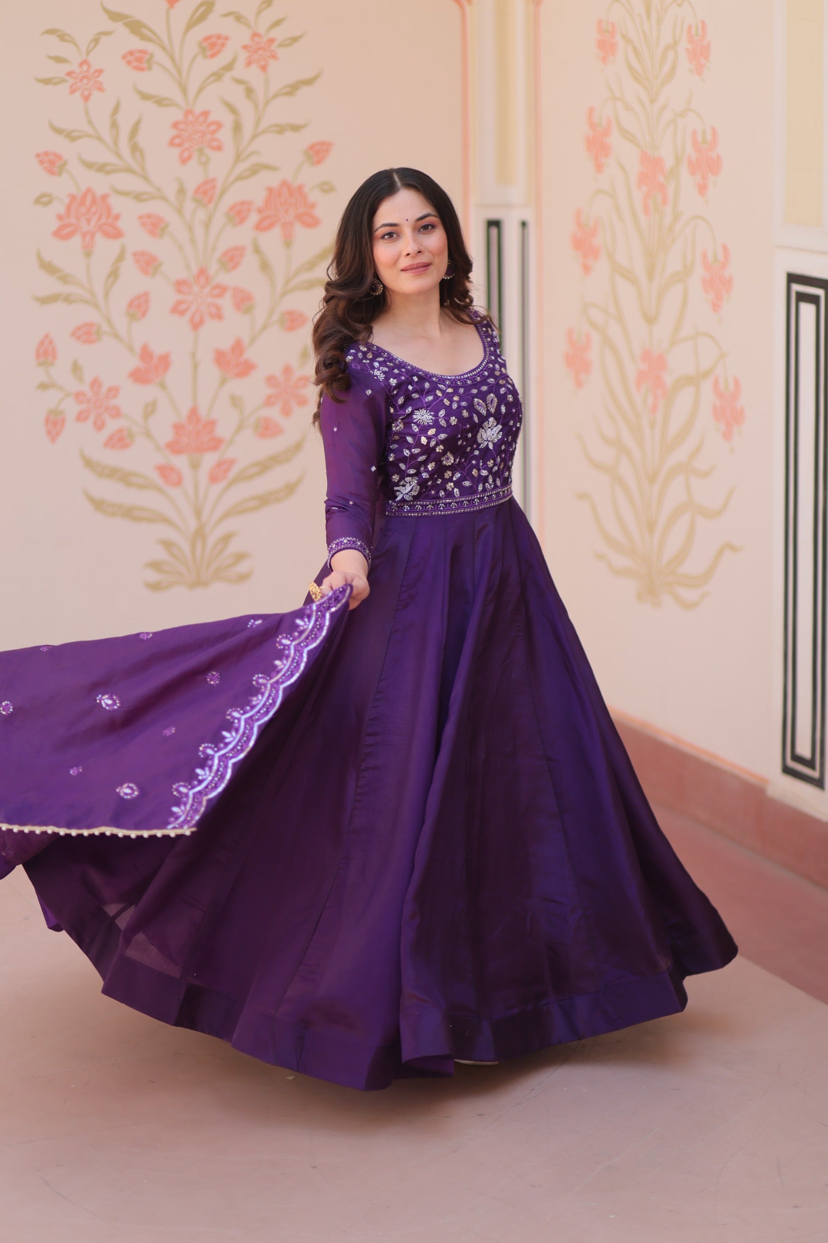 Festive Ethnic Anarkali Set – Purple & Maroon Embroidered Gowns.