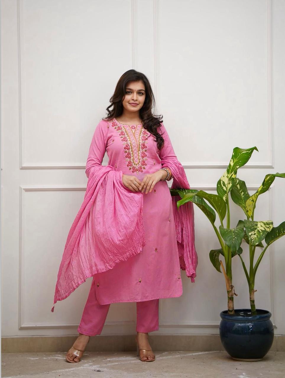 Women’s Plum Embroidered Straight Kurta Set with Dupatta.
