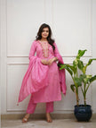 Women’s Plum Embroidered Straight Kurta Set with Dupatta.