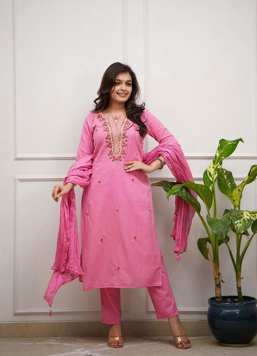 Women’s Plum Embroidered Straight Kurta Set with Dupatta.
