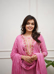 Women’s Plum Embroidered Straight Kurta Set with Dupatta.