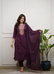 Women’s Plum Embroidered Straight Kurta Set with Dupatta.