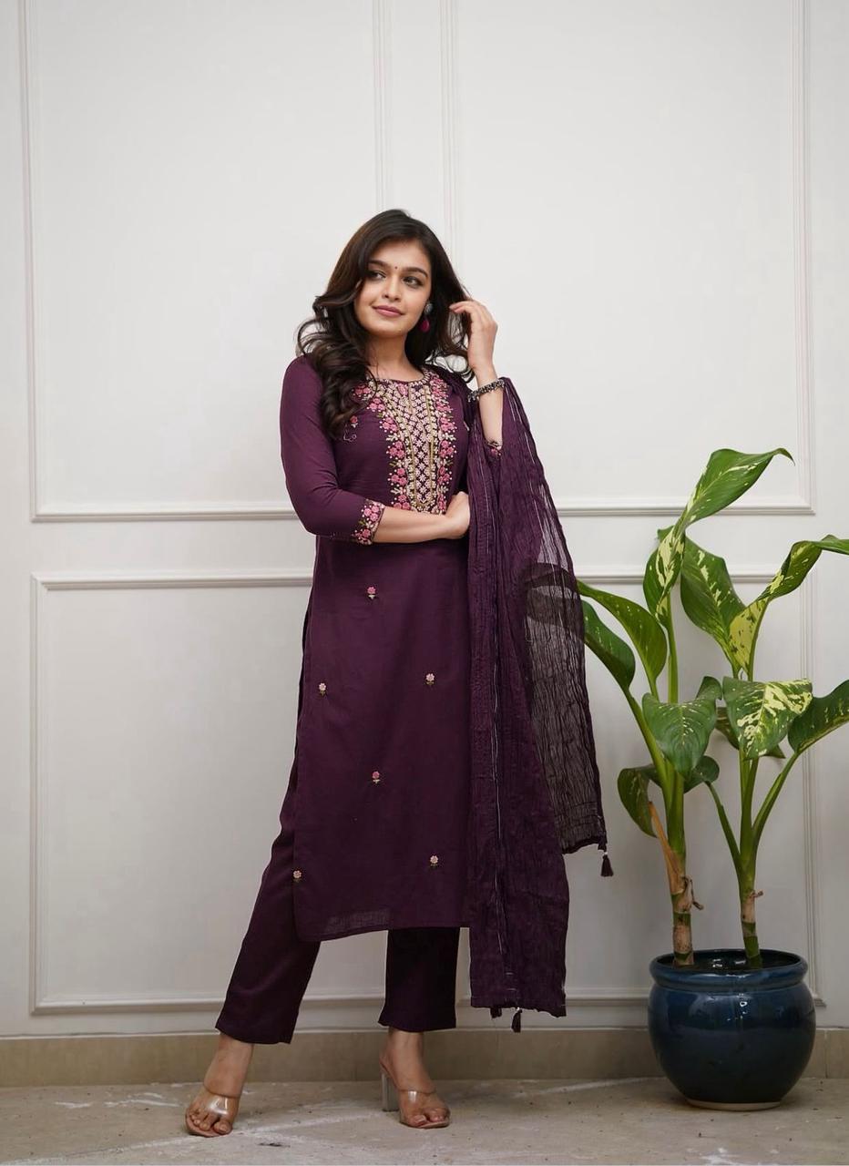 Women’s Plum Embroidered Straight Kurta Set with Dupatta.