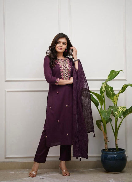 Women’s Plum Embroidered Straight Kurta Set with Dupatta.