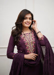 Women’s Plum Embroidered Straight Kurta Set with Dupatta.