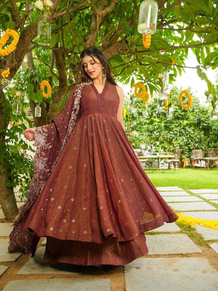 Elegant Rust Brown Anarkali Suit with Floral Dupatta.