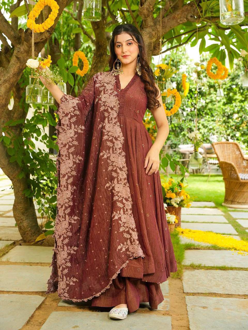 Elegant Rust Brown Anarkali Suit with Floral Dupatta.