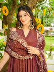 Elegant Rust Brown Anarkali Suit with Floral Dupatta.