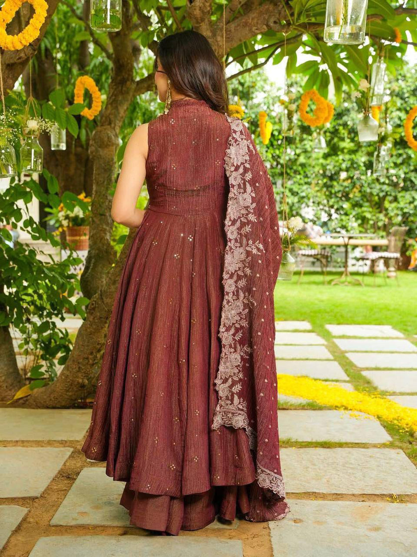 Elegant Rust Brown Anarkali Suit with Floral Dupatta.