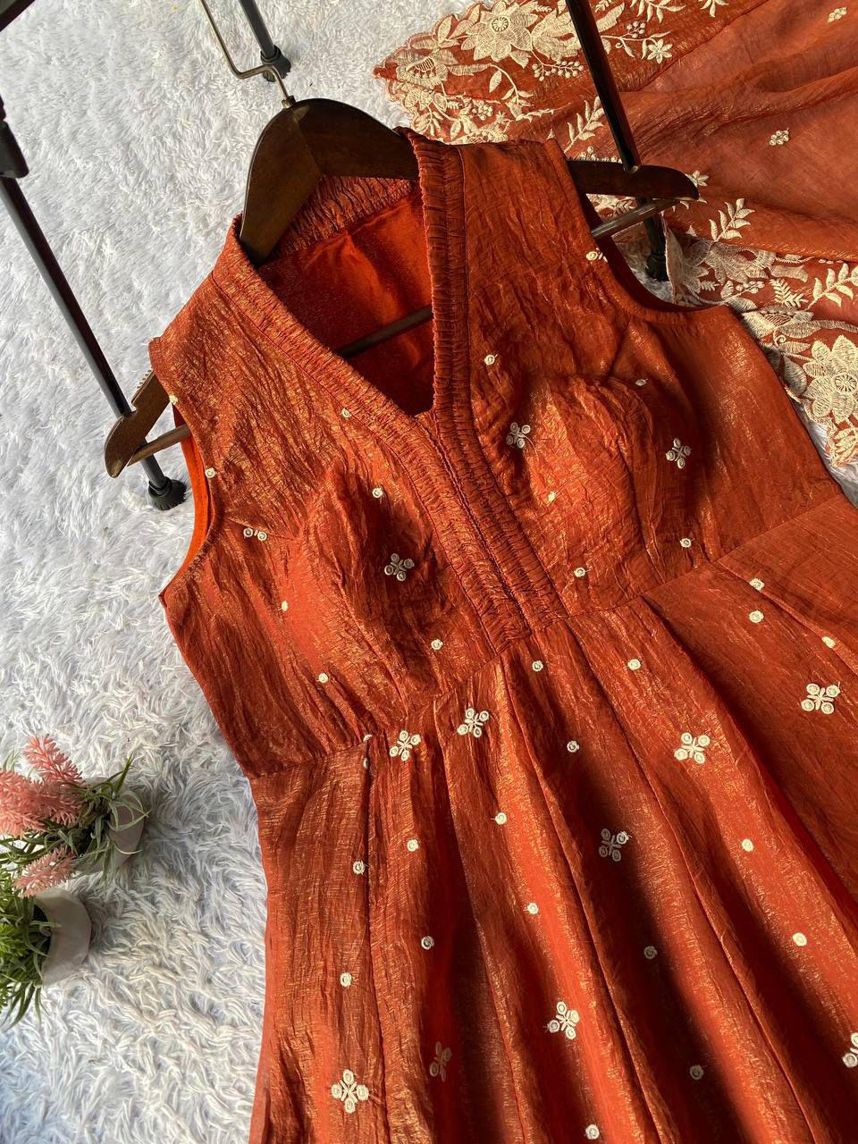Elegant Rust Brown Anarkali Suit with Floral Dupatta.