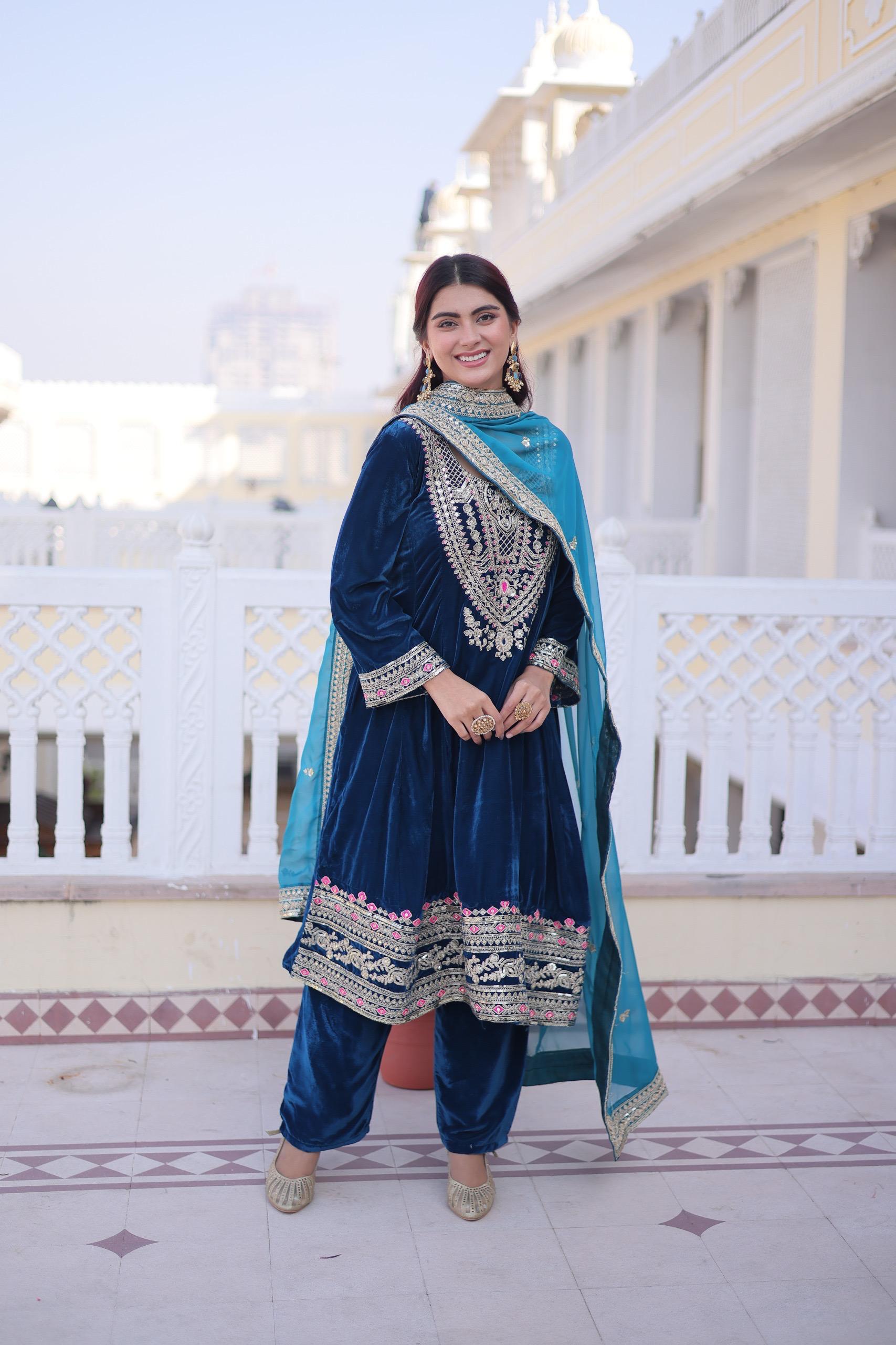 Luxury Velvet Embroidered Kurta Set with Dupatta for Women.